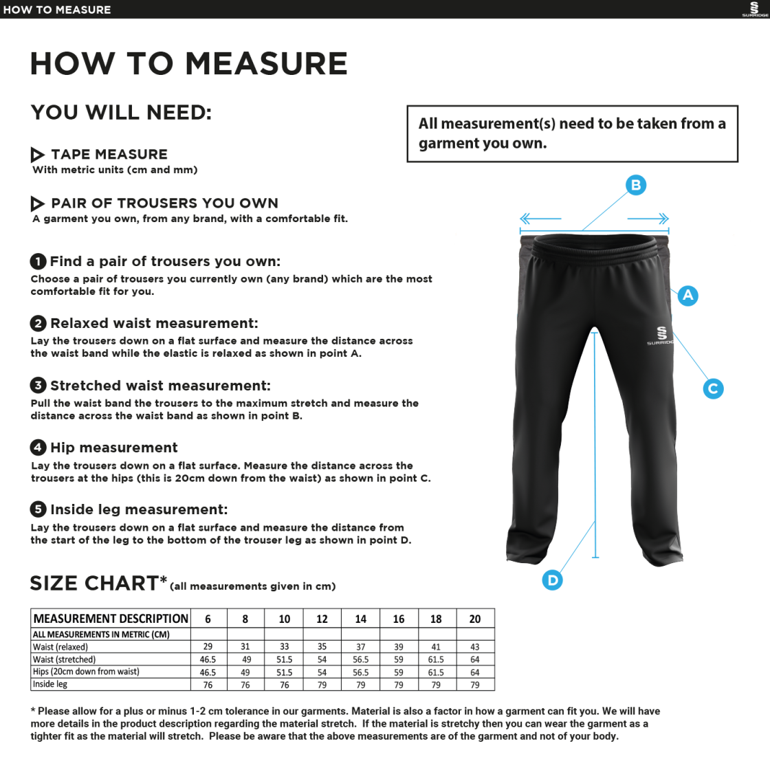 St Annes CC - Women's Ripstop Track Pant - Size Guide