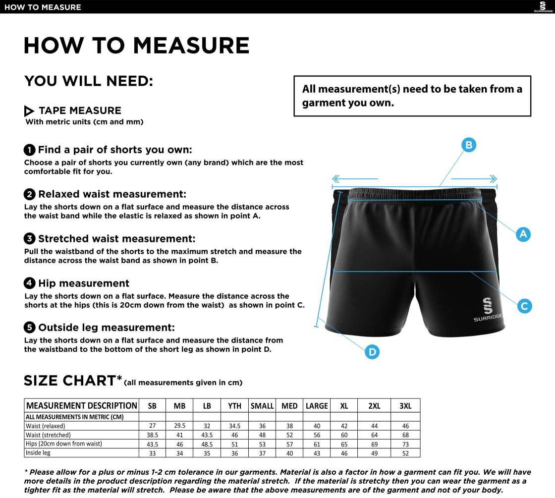 St Annes CC - Dual Gym Shorts - Size Guide