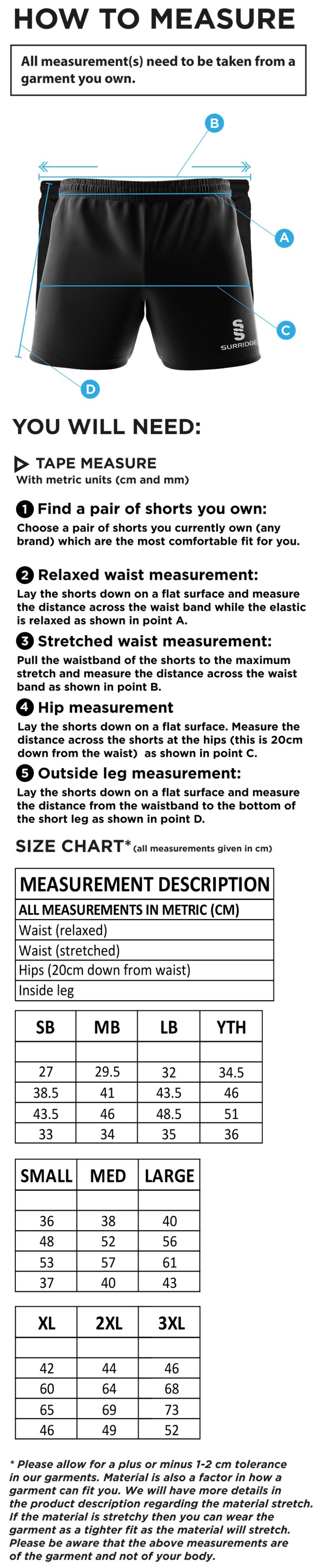 St Annes CC - Dual Gym Shorts - Size Guide