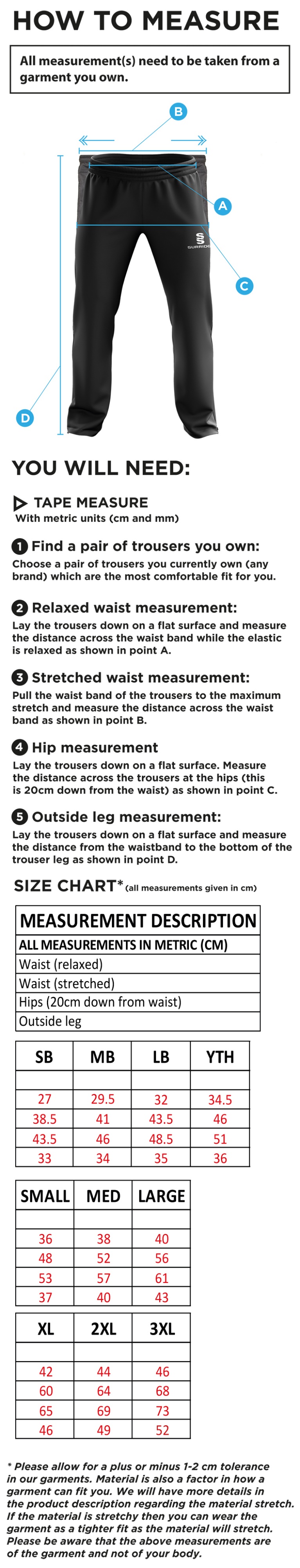 St Annes CC - Rip Stop Track Pant - Size Guide