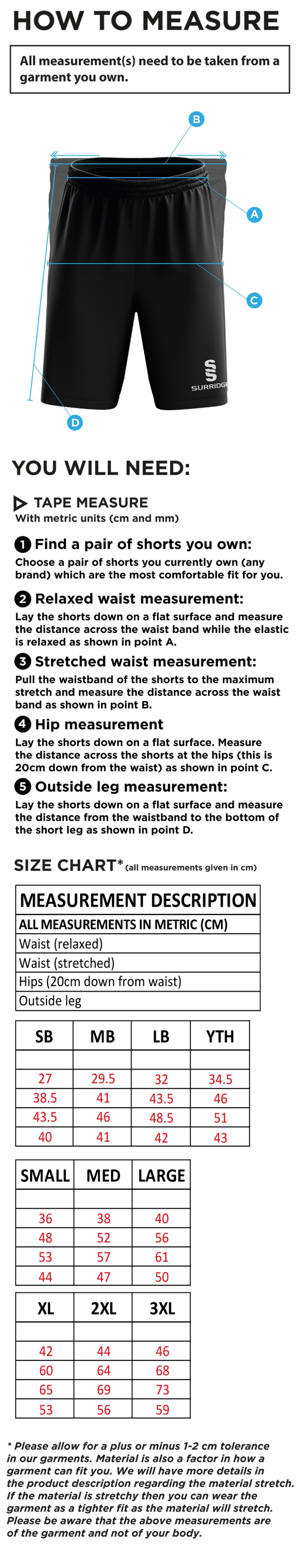 St Annes CC - Blade Training Short - Size Guide