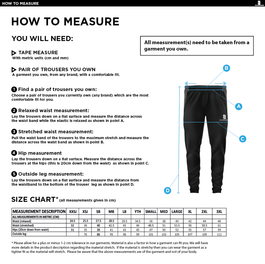 St Annes CC - Tek Slim Training Pants - Size Guide