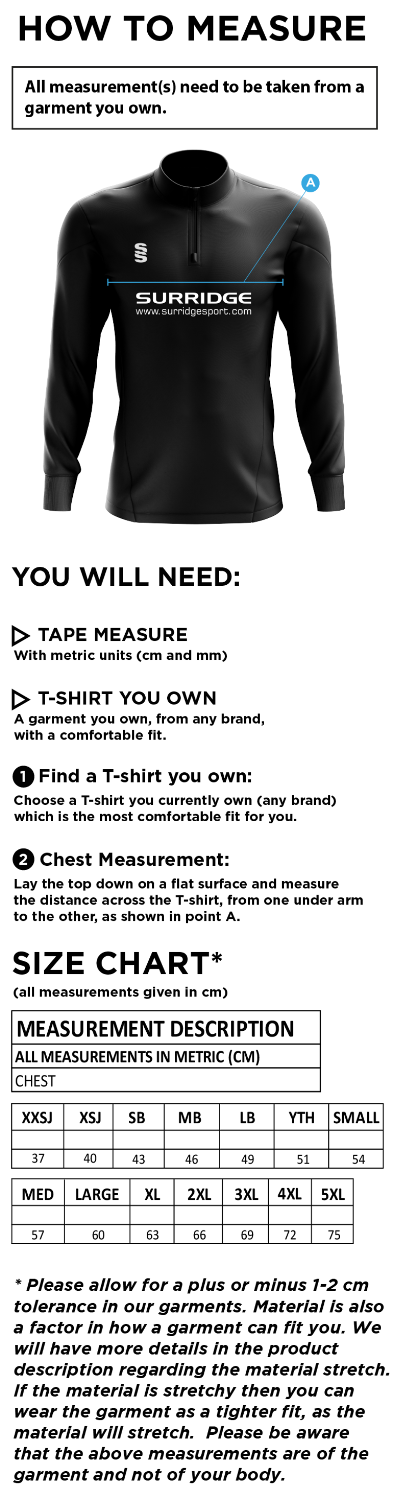 St Annes CC - Blade Performance Top - Size Guide