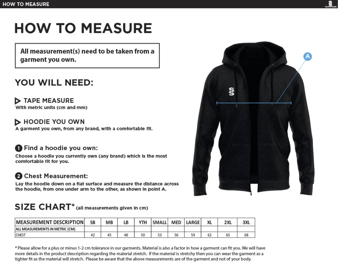 St Annes CC - Dual Bonded Full Zip Hoody - Size Guide