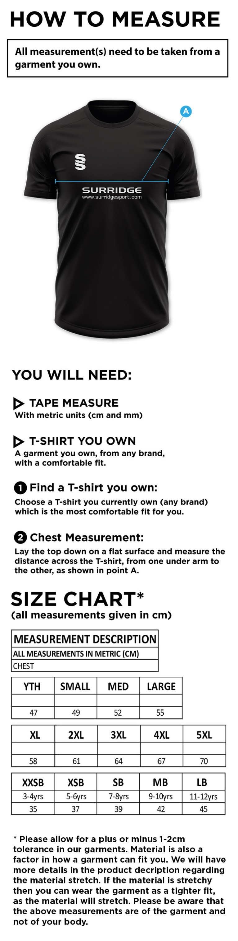 St Annes CC - Dual Games Shirt - Size Guide