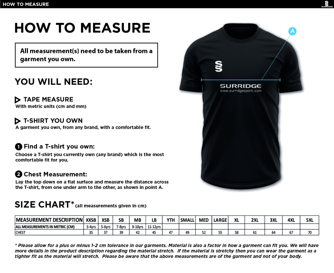 St Annes CC - Dual Games Shirt - Size Guide