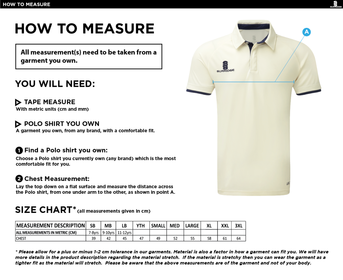 St Annes CC - Ergo Short Sleeve Playing Shirt - Size Guide