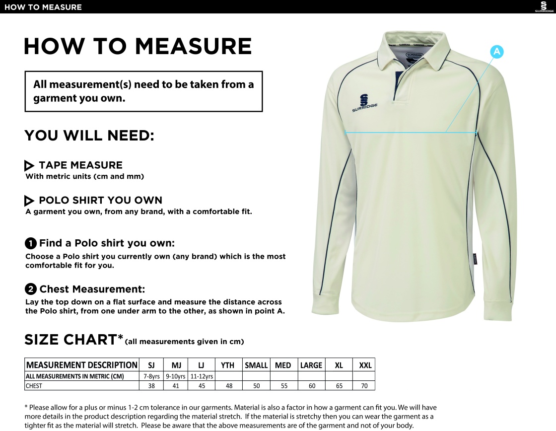 St Annes CC - Premier Long Sleeved Playing Shirt - Size Guide