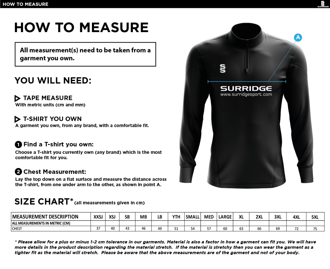 St Annes CC - 1/4 Zip Dual Performance Top - Size Guide