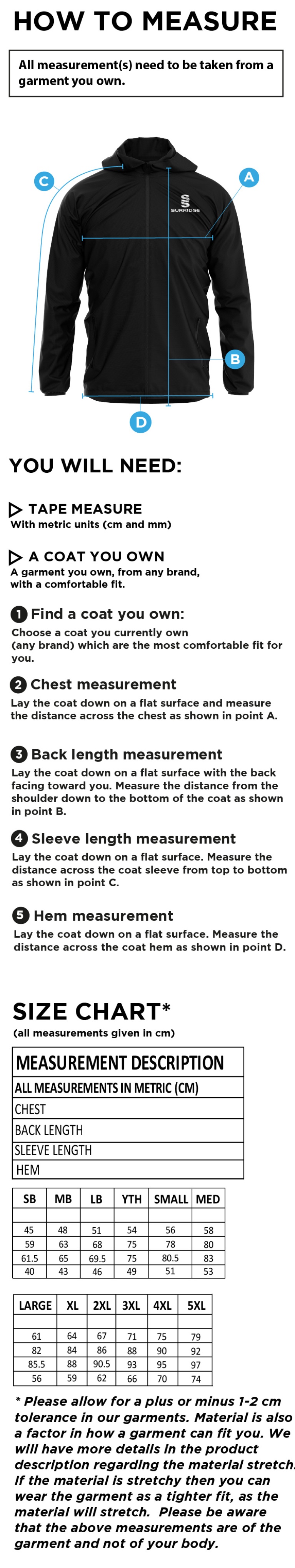 St Annes CC - Lightweight Full Zip Training Jacket - Size Guide