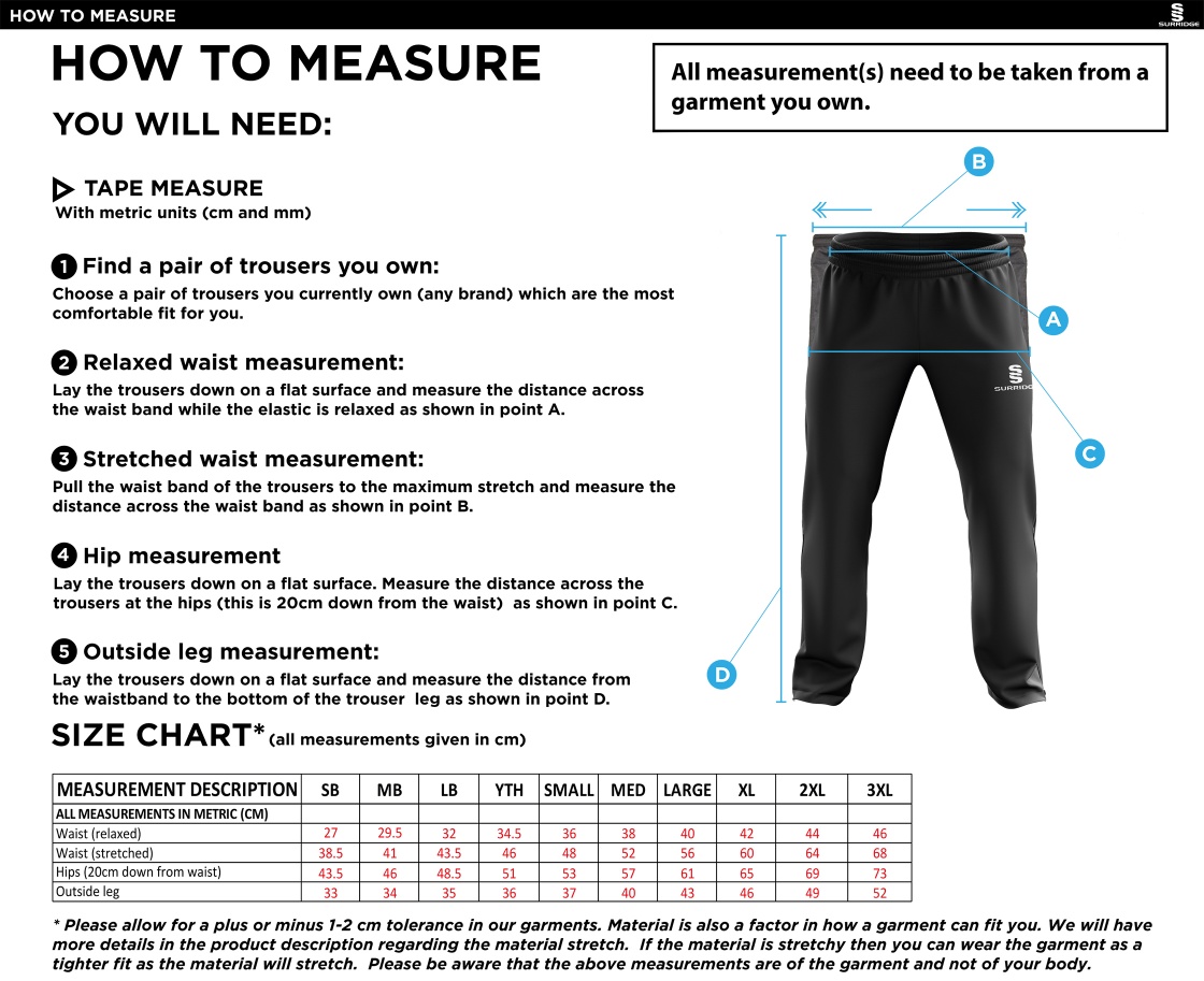 St Annes CC - Rip Stop Track Pant - Size Guide