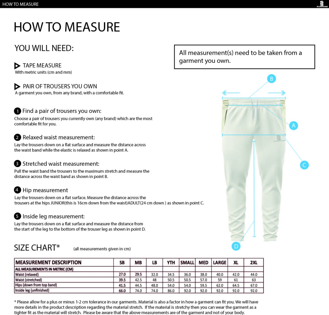 St Annes CC - Playing Cricket Trousers - Size Guide