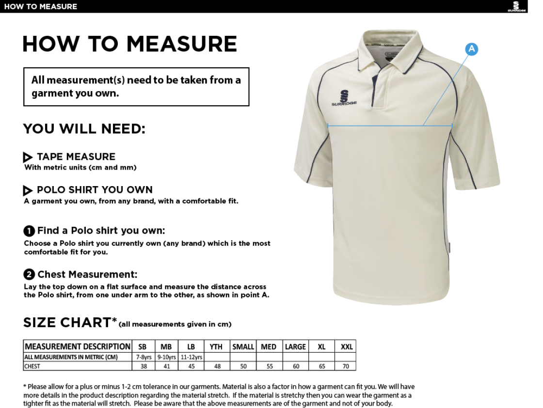 St Annes CC - Senior Premier 3/4 Sleeved Playing Shirt - Size Guide