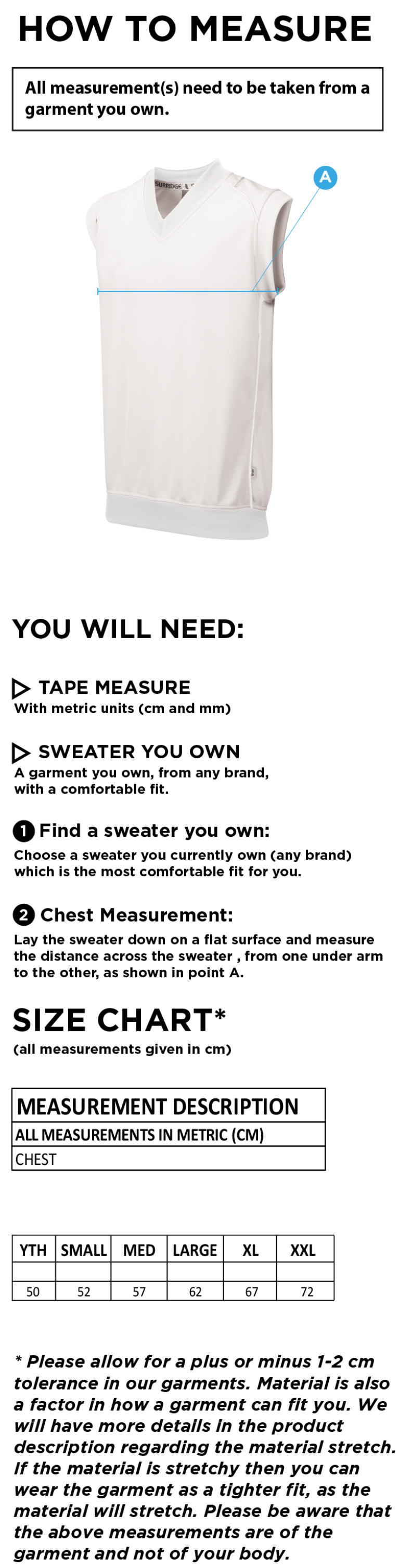 St Annes CC - Sleeveless Sweater - Size Guide