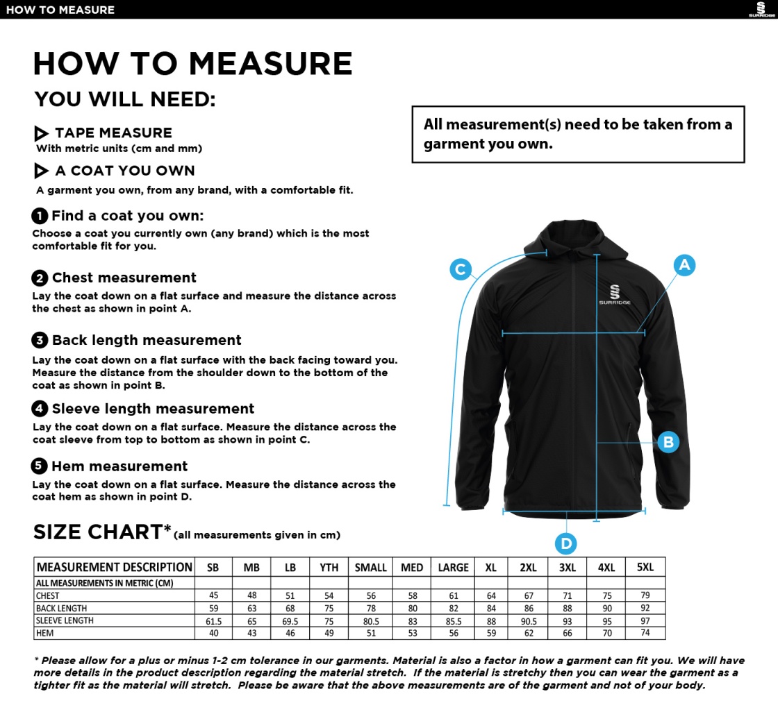 St Annes CC - Lightweight Full Zip Training Jacket - Size Guide