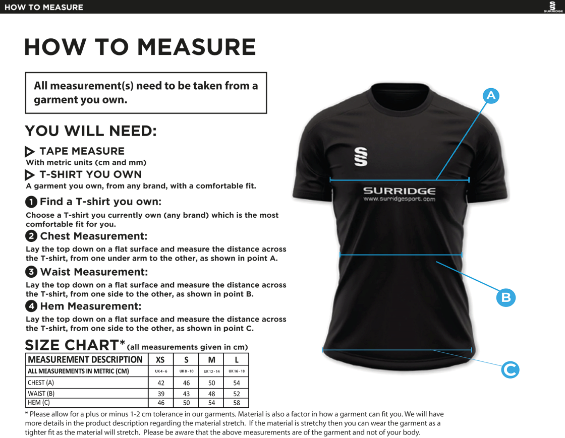 St Annes CC - Women's Dual Games Shirt - Size Guide