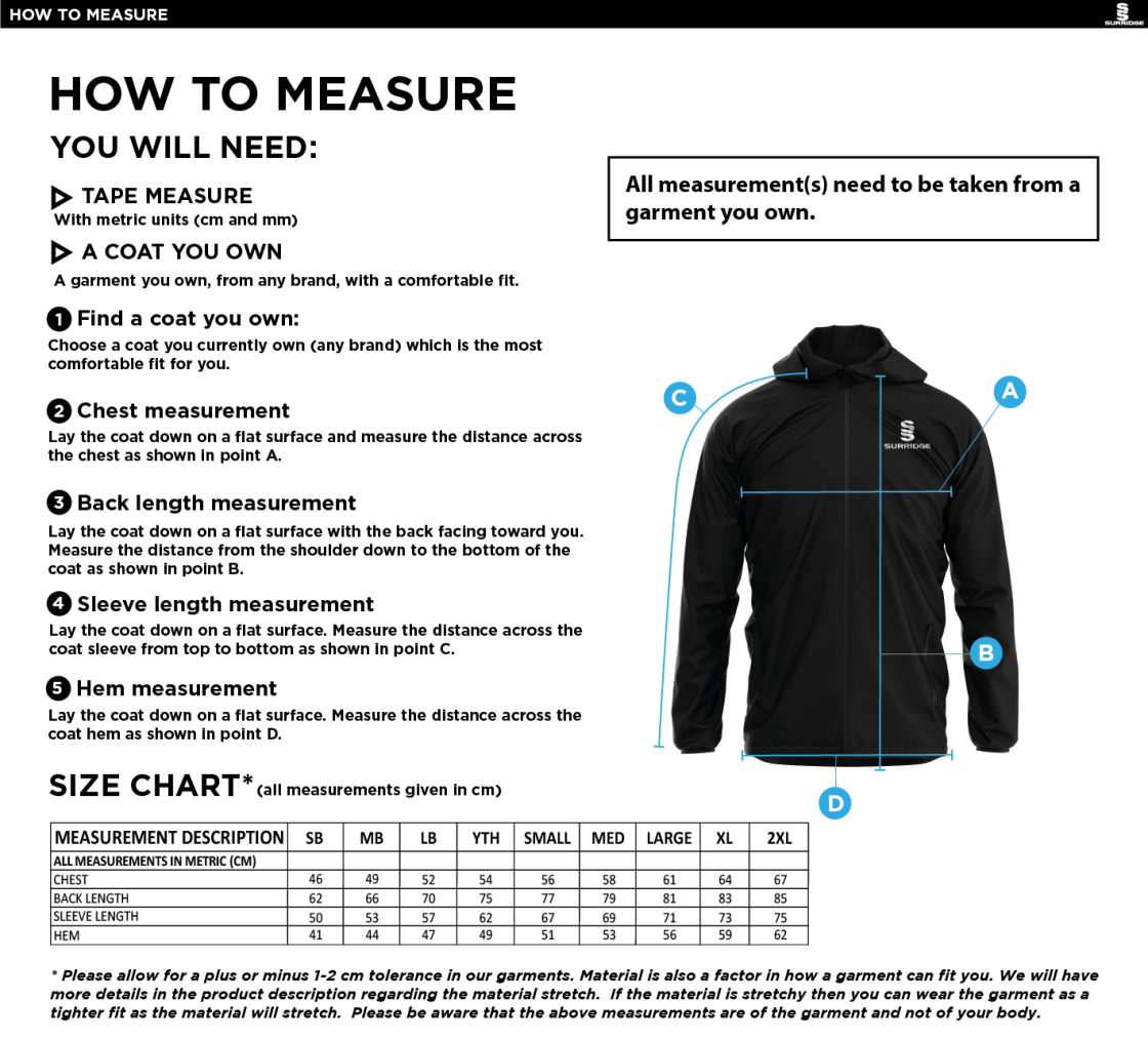 St Annes CC - Lightweight Full Zip Training Jacket - Size Guide