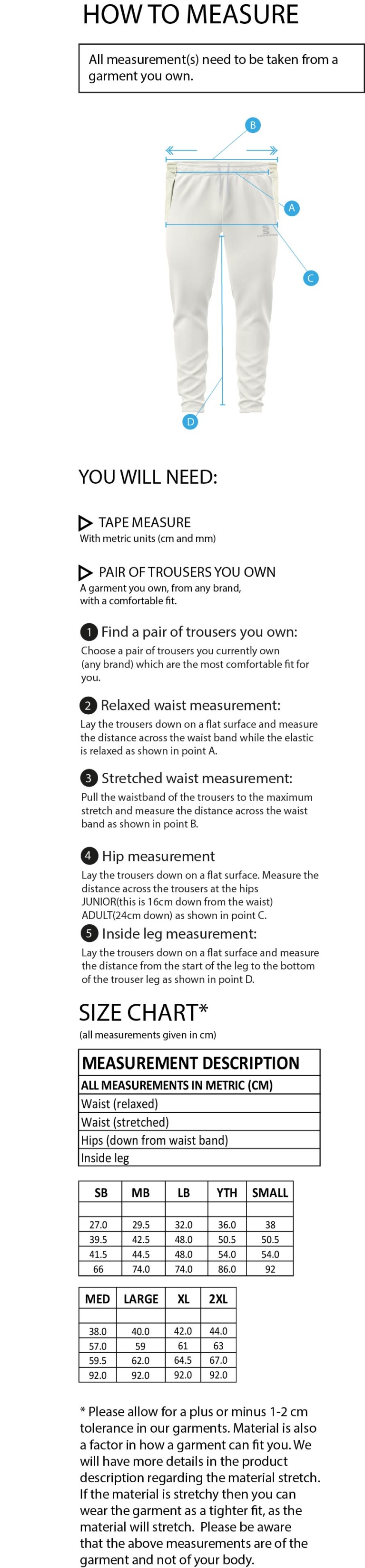 St Annes CC - Playing Cricket Trousers - Size Guide