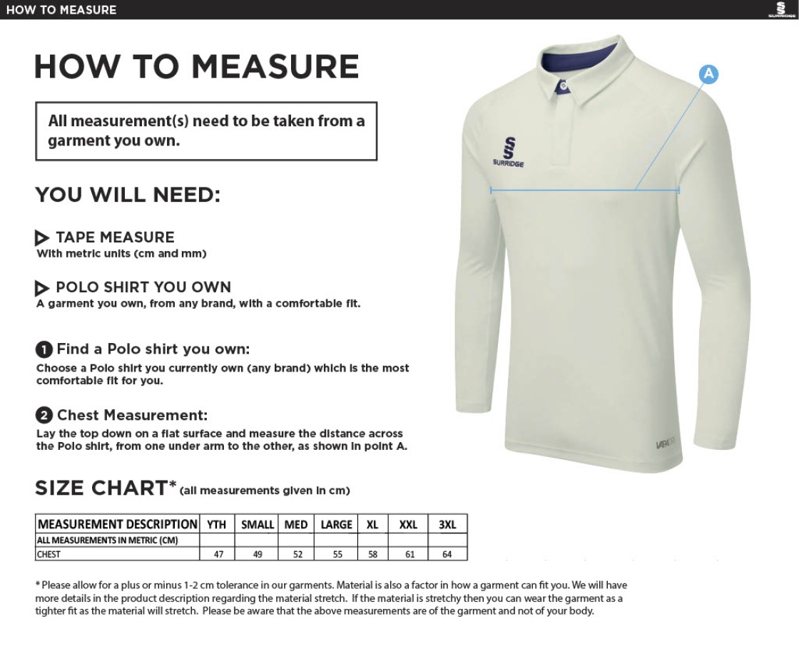 St Annes CC - Ergo Long Sleeved Playing Shirt - Size Guide